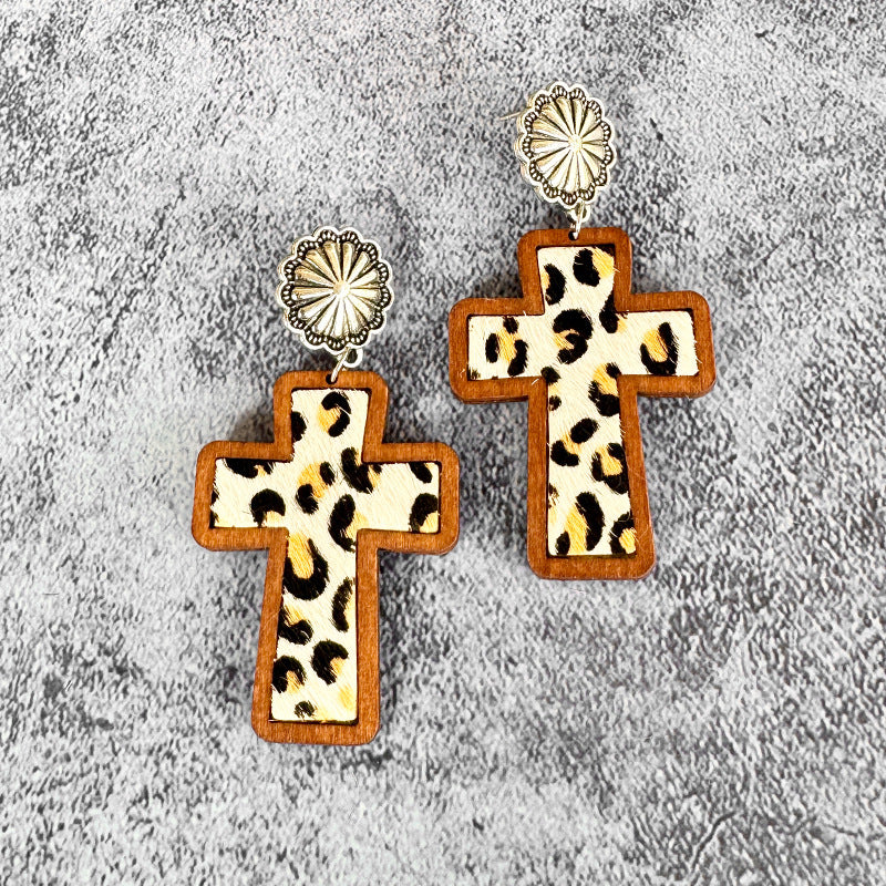 Wholesale Wooden and leather cross leopard print earrings