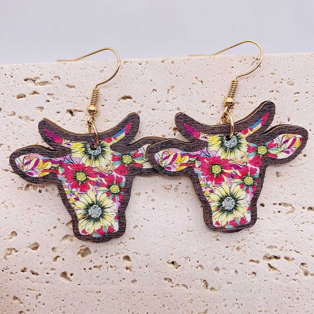 Wholesale Retro Wooden Western Bull Skull  Sunflower and Bohemian-Style Earrings