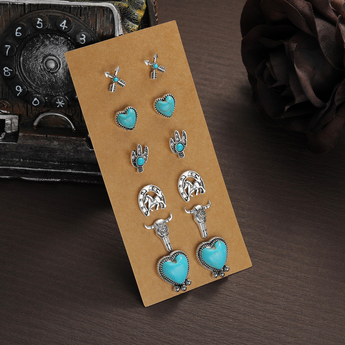 Wholesale Western-style turquoise heart earrings 6-piece set