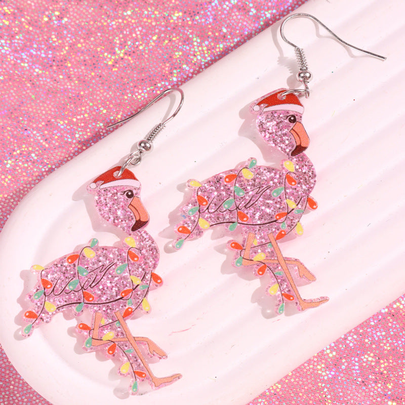 Wholesale  Christmas Party Pink Flamingo Lantern Printed Acrylic Earrings