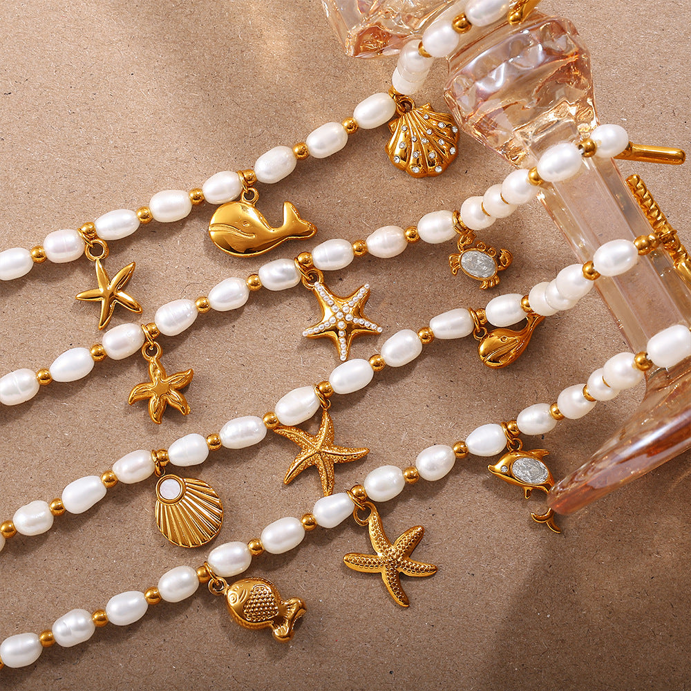Wholesale  Fashion Creative Ocean Theme Freshwater Pearl DIY Dolphin Pendant Bracelet Plated with 18K Gold Niche Jewelry for Women