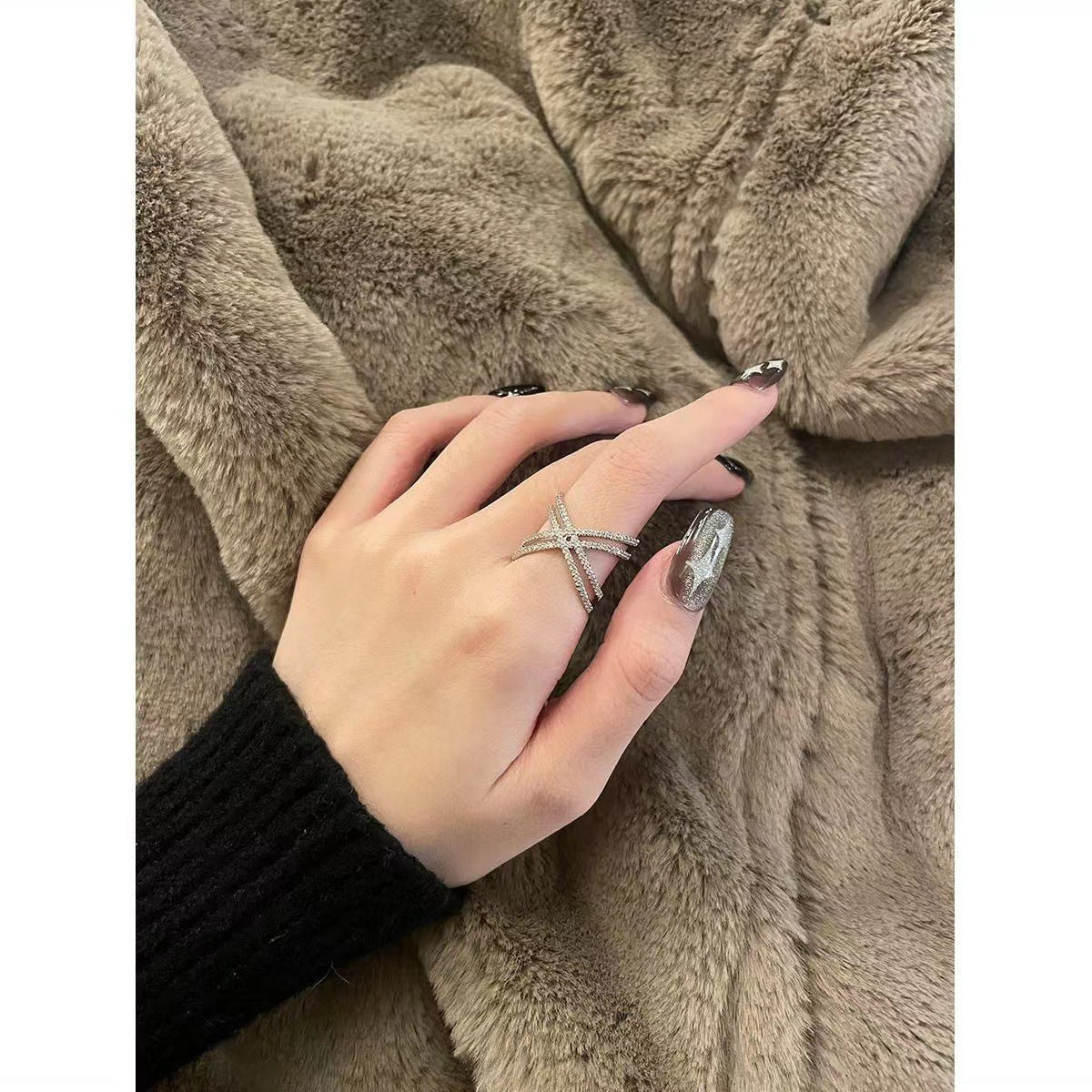 Wholesale Silver Diamond Zircon Cross Light Luxury Adjustable Ring