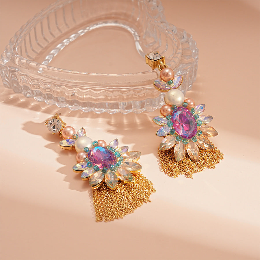 Wholesale Vintage Diamond Pearl Oval Flower Silver Needle Earrings