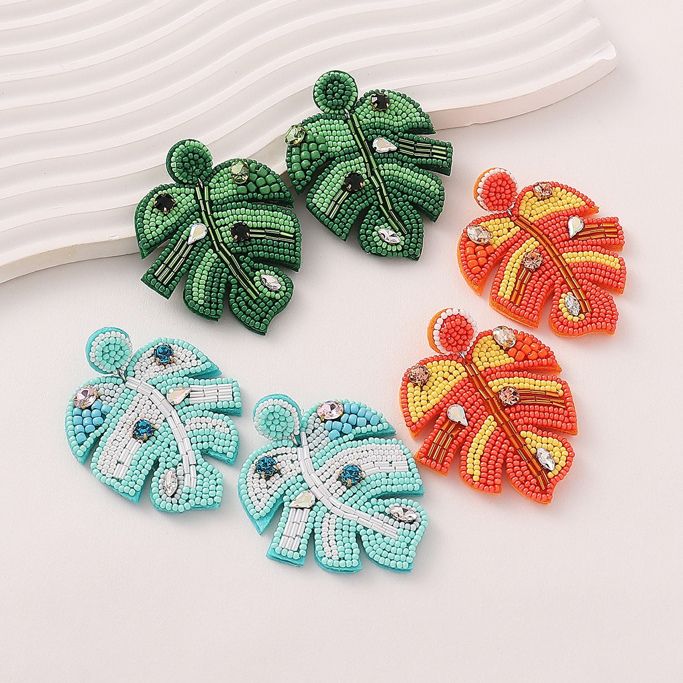 Wholesale Bohemian Leaf Fabric Rice Bead Earrings