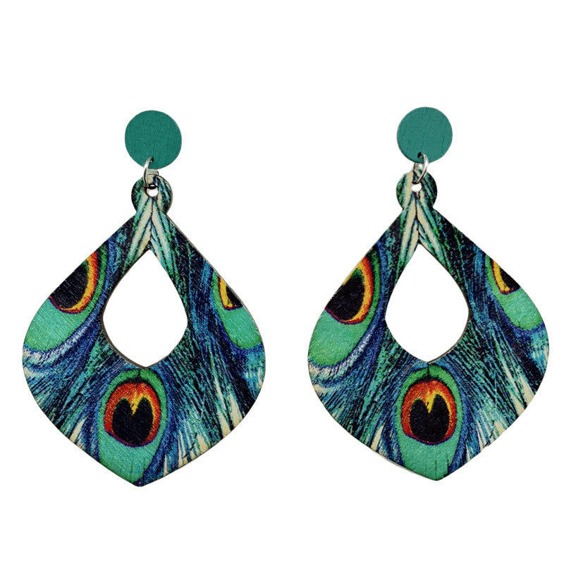 Wholesale Boho Retro Ethnic Style Peacock Feather Wooden Earrings ACC-ES-FX013