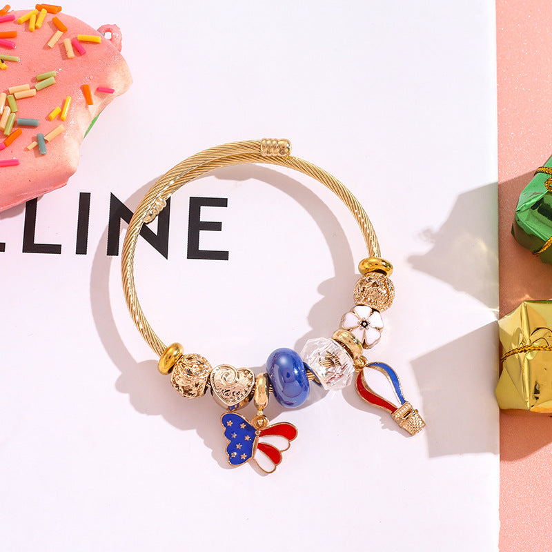 Wholesale American Independence Day Butterfly Hot Air Balloon Beaded Stainless Steel Bracelet ACC-BT-QingLian005