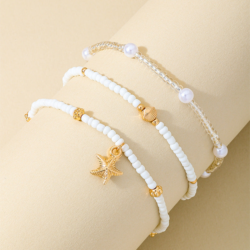 Wholesale  Bohemian Holiday Style Metal Starfish Pearl Beaded  Anklets