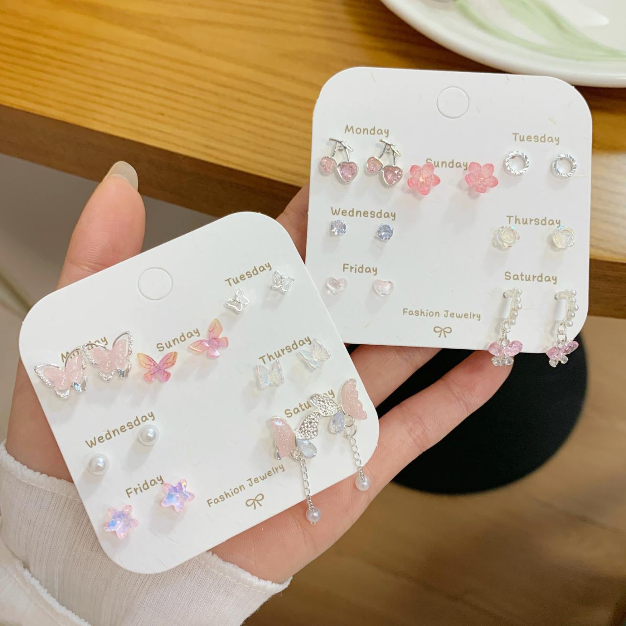 Wholesale Summer butterfly earrings set versatile exquisite zircon pink earrings