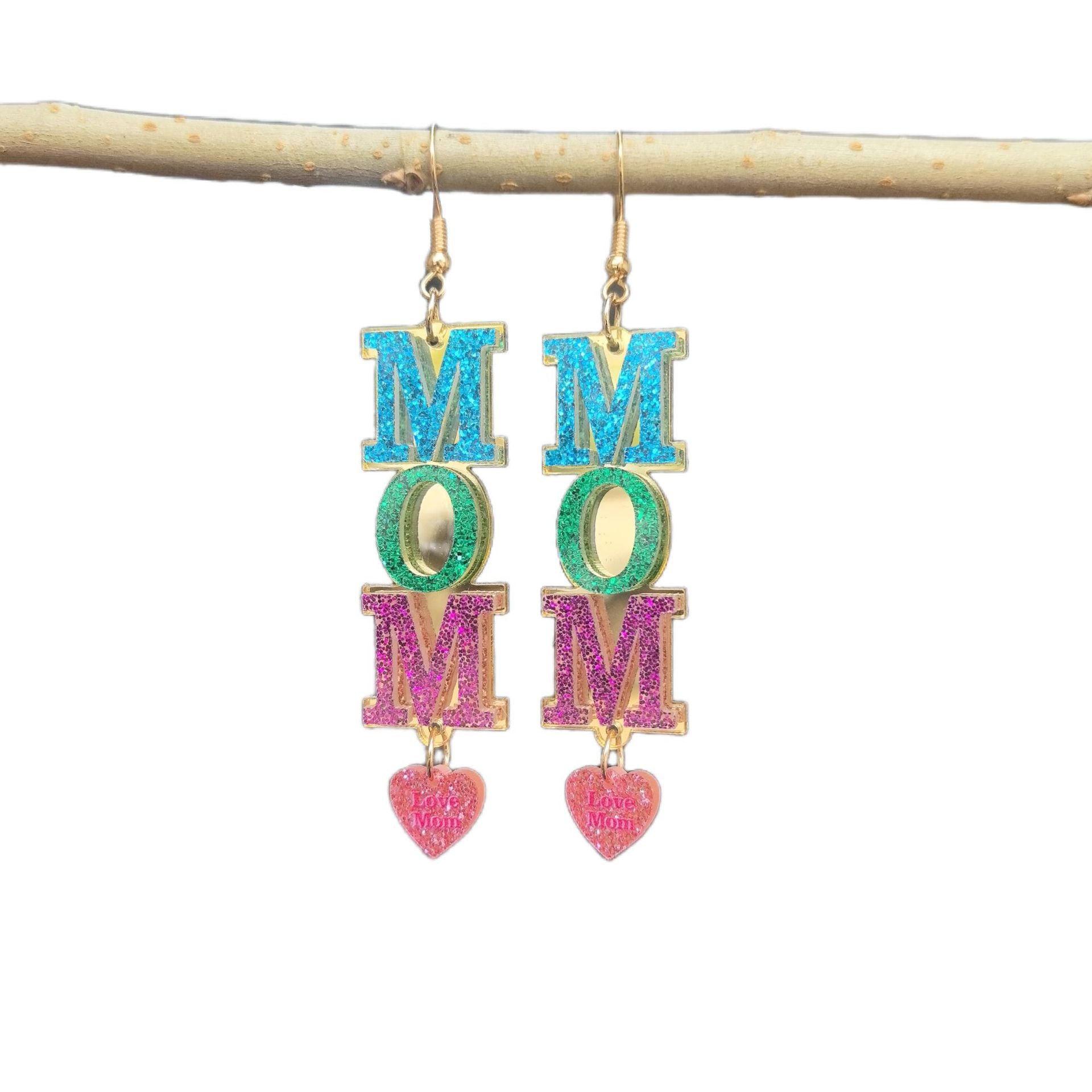 Wholesale New European and American style Mother' s Day patchwork acrylic MOM MAMA letter heart earrings - a perfect Mother' s Day gift.