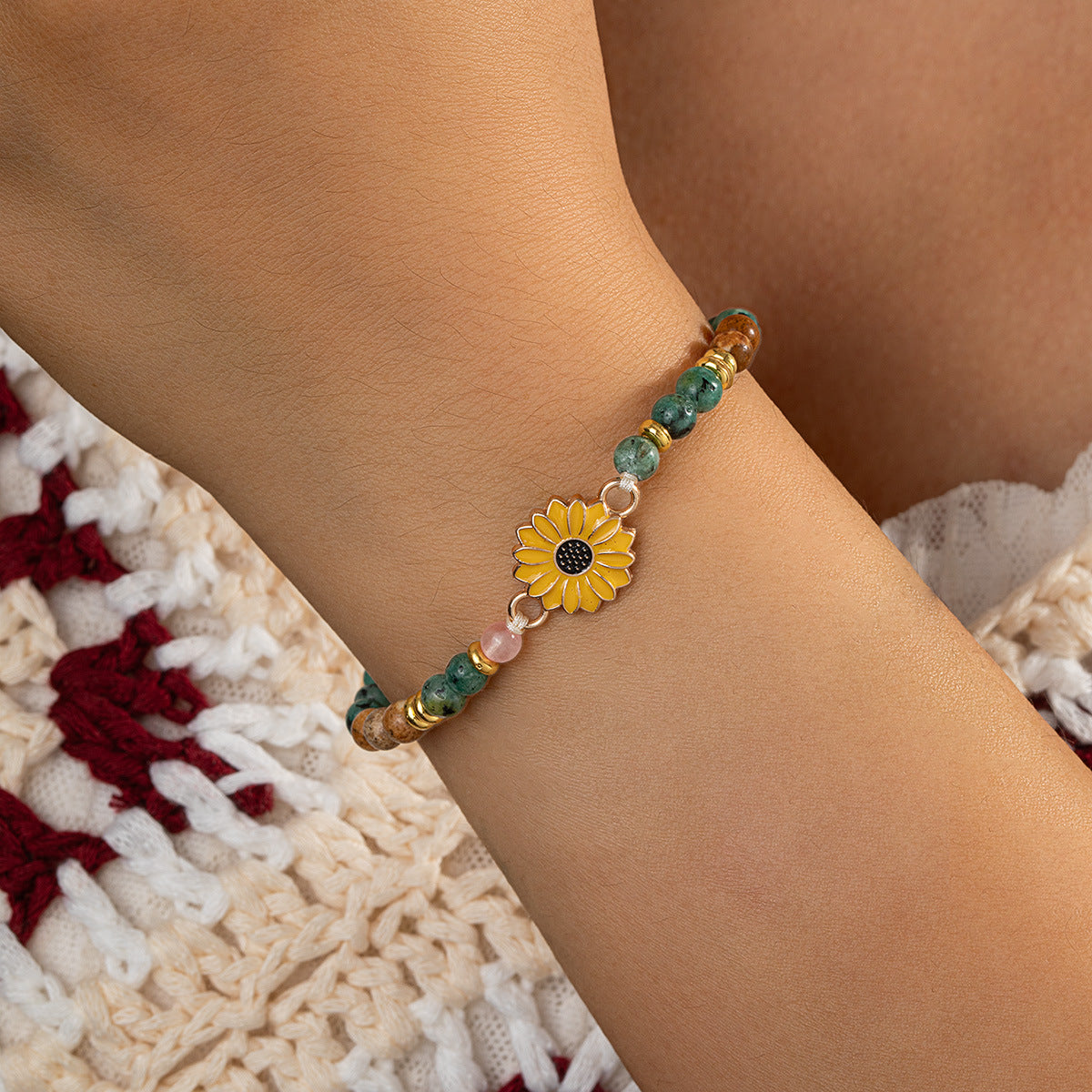 Wholesale Women' s Adjustable Handmade Woven Bracelet with Sunflower and Natural Stone - Travel Souvenir Fashion Accessory