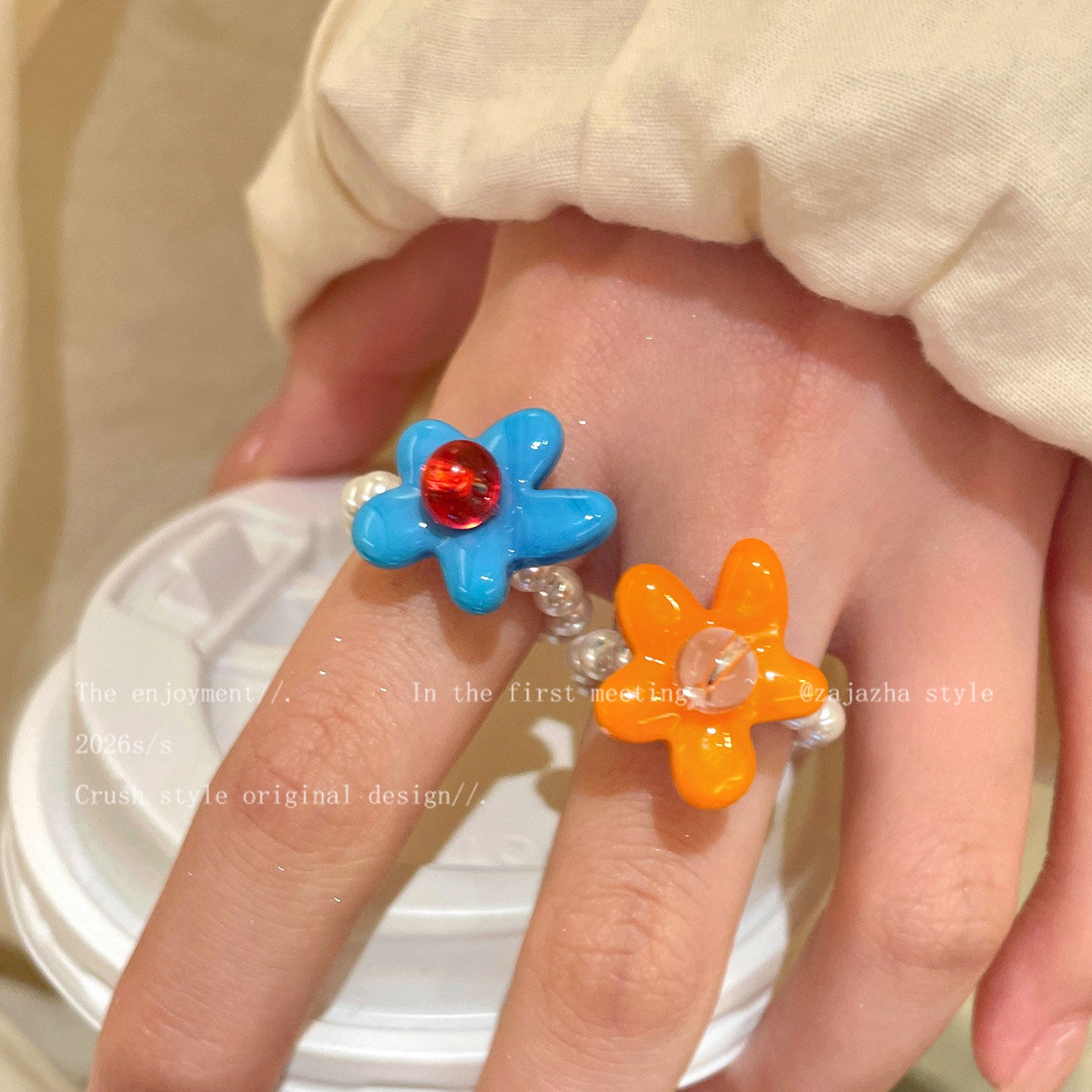 Wholesale Handmade Acrylic Flower Beaded Ring – Colorful Dopamine Summer Vacation Fashion Accessory for Women