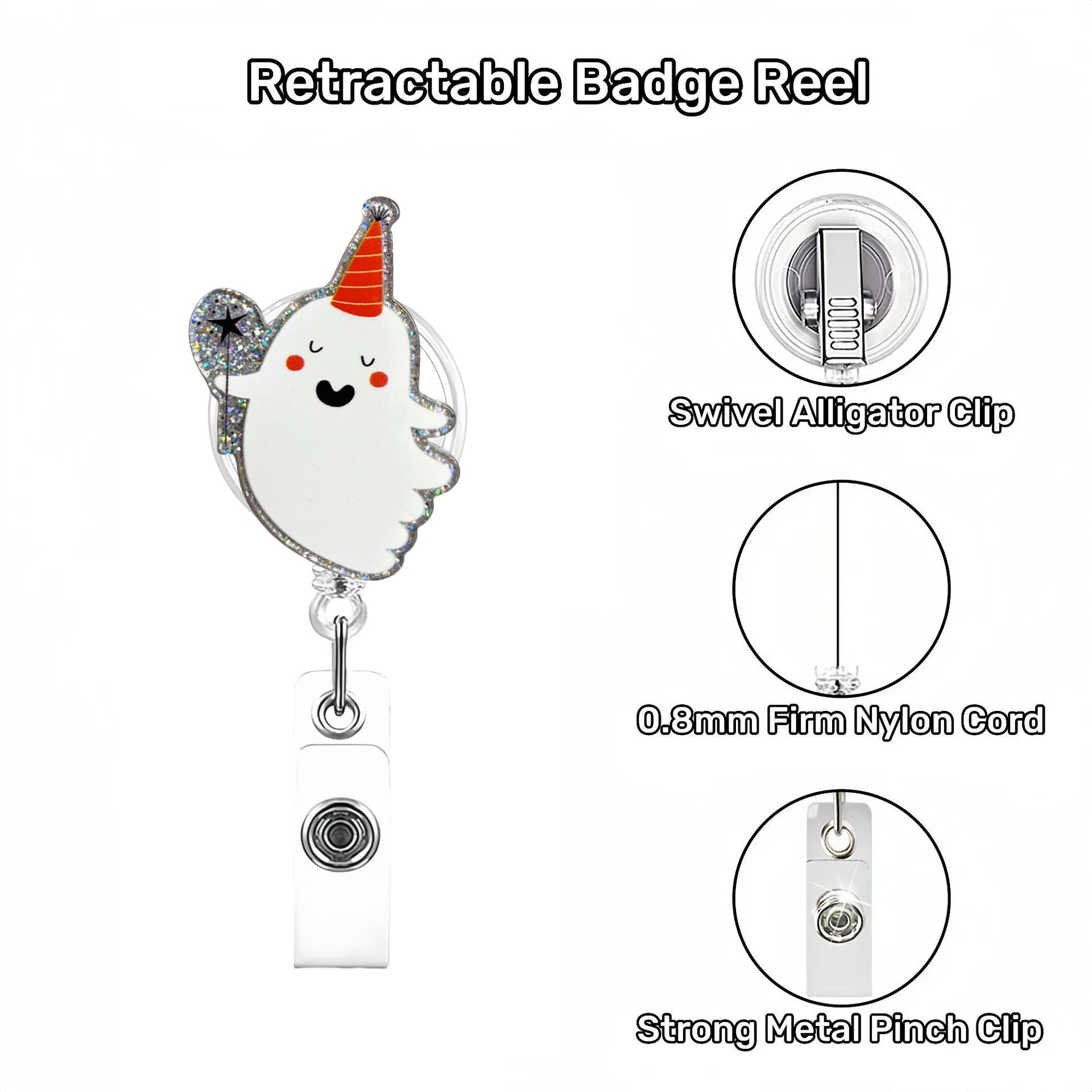 Wholesale Halloween White Ghost Acrylic Retractable Clip Badge Keychain