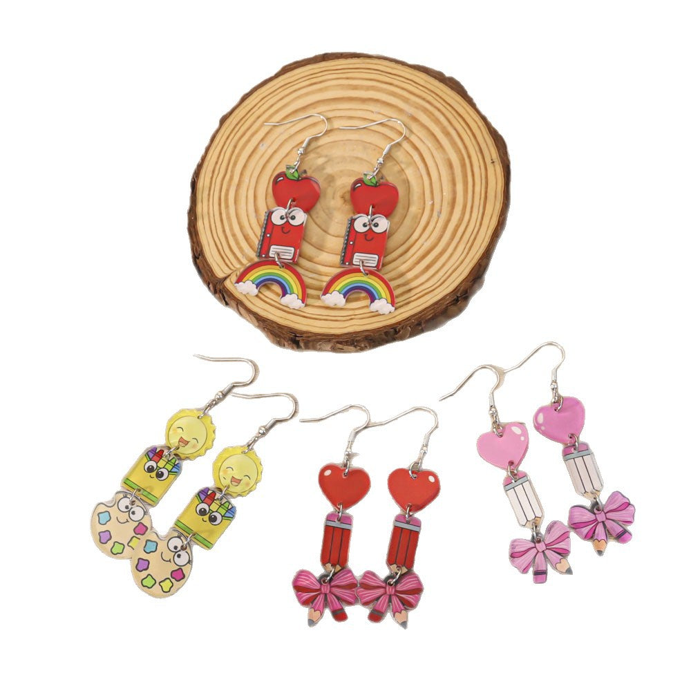 Wholesale Colorful Dopamine Back to School Season Teacher' s Day Pencil Heart Earrings