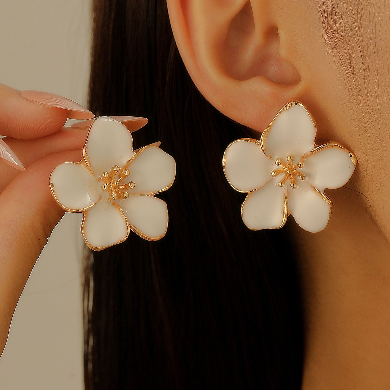 Wholesale Stylish Flower Earrings For Women Double Layer Petal Colorful Dripping Oil Zinc Alloy Everyday Jewelry Accessory
