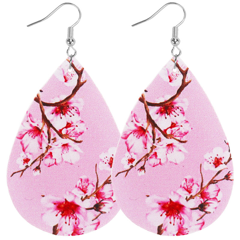 Wholesale flowers oil painting style ladies' teardrop leather earrings