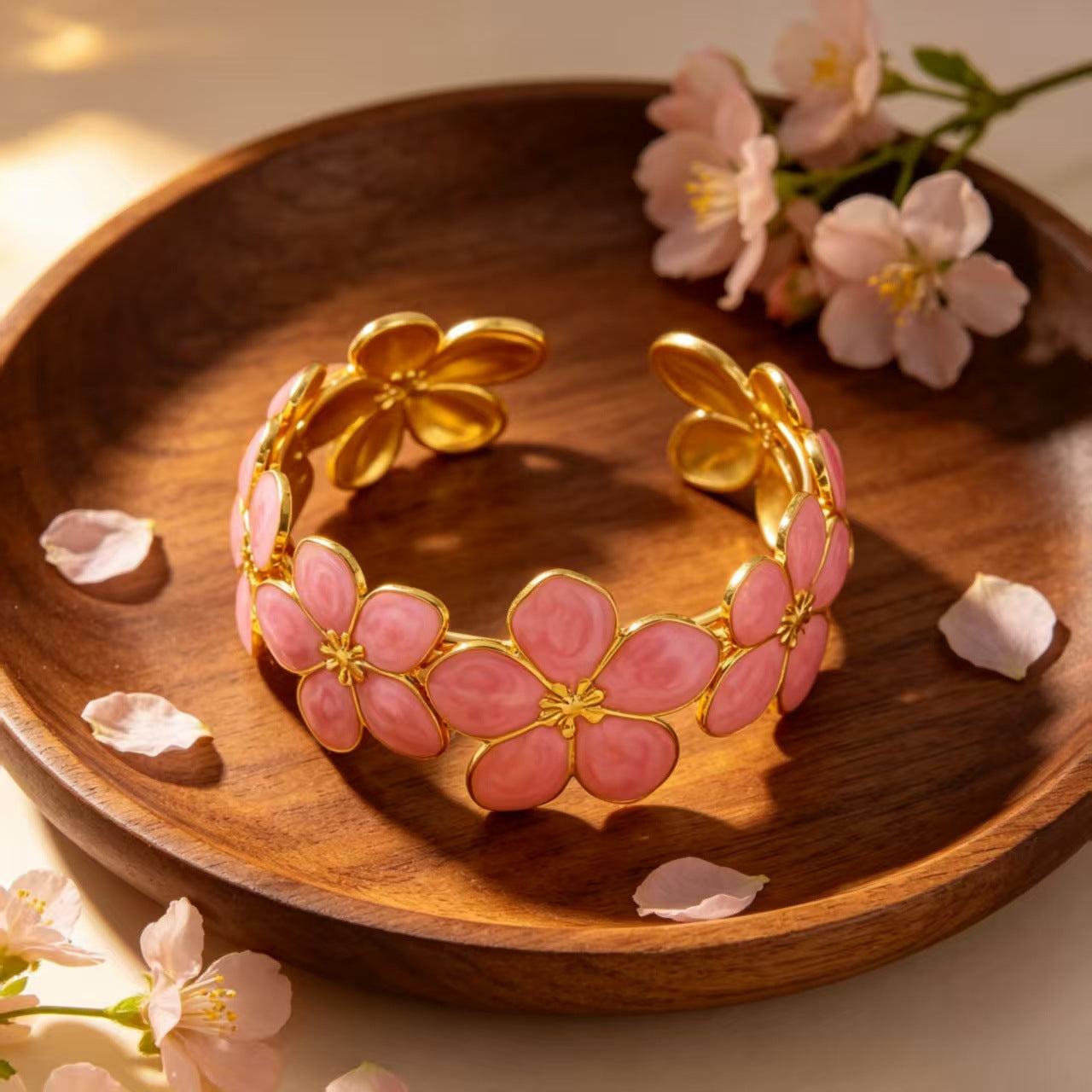 Wholesale French Style Camellia Drip Glaze Five-color Vibrant Textured Open Bangle