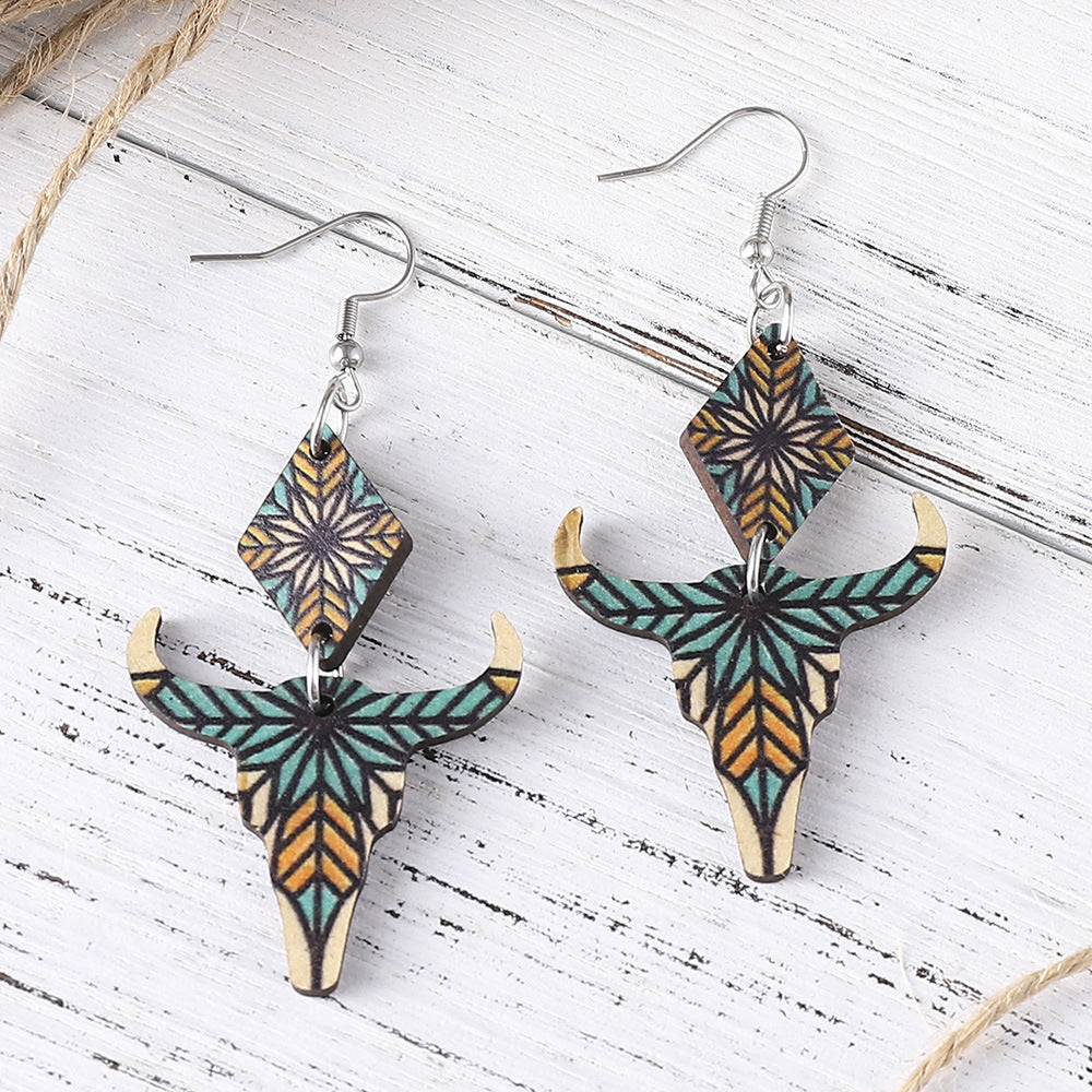 Wholesale Western Ethnic Aztec Geometric Pattern Cow Head Pendant  Double-sided Earrings