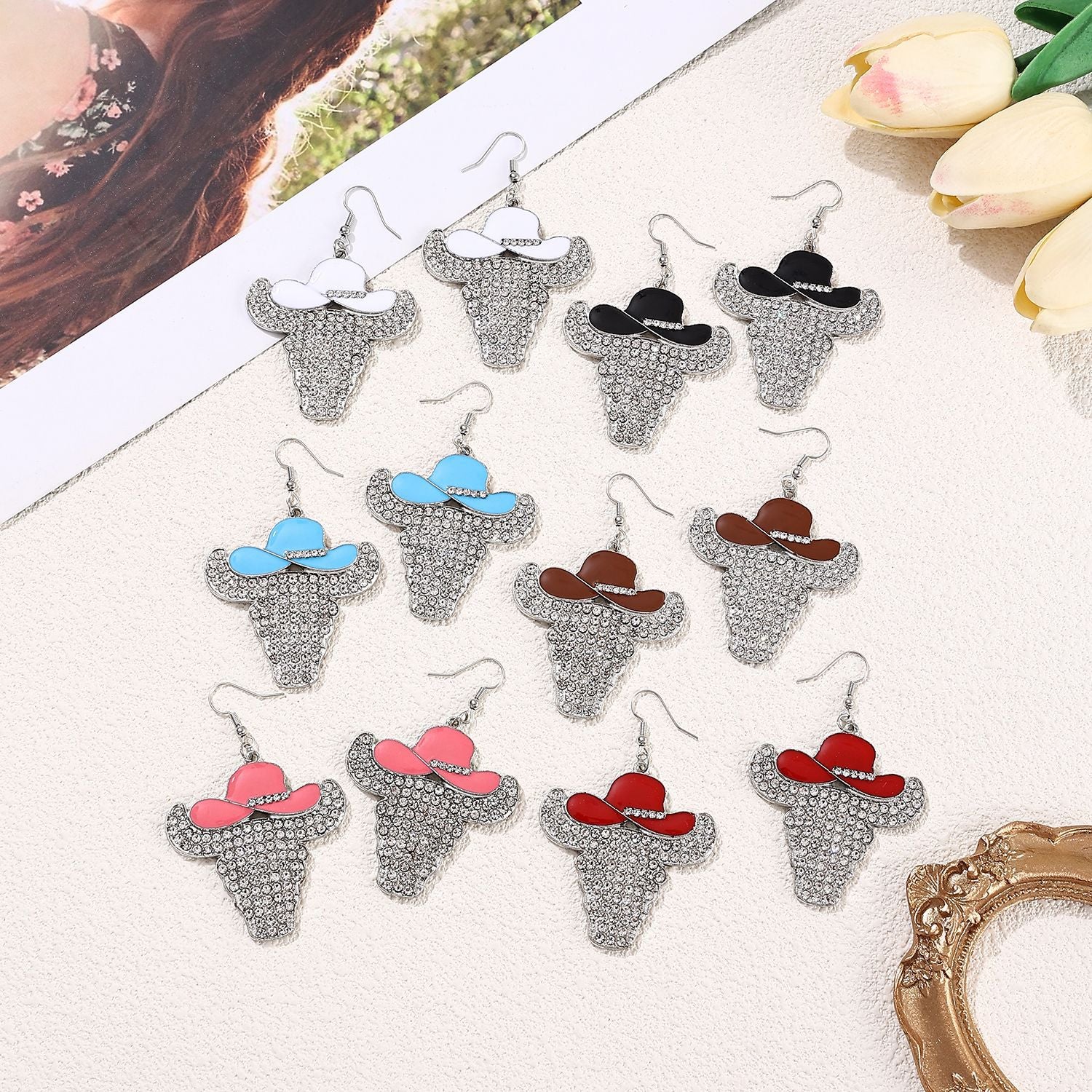 Wholesale  creative western cow's head diamond pendant earrings