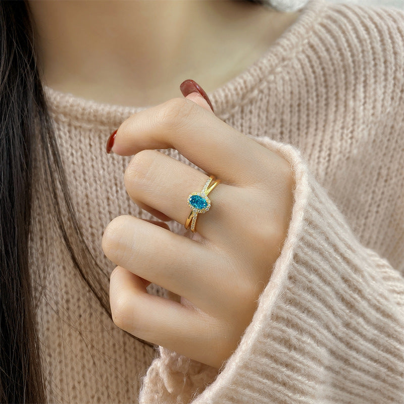 Wholesale Blue Zircon Ring S925 Sterling Silver Ice Flower Stone Jewelry