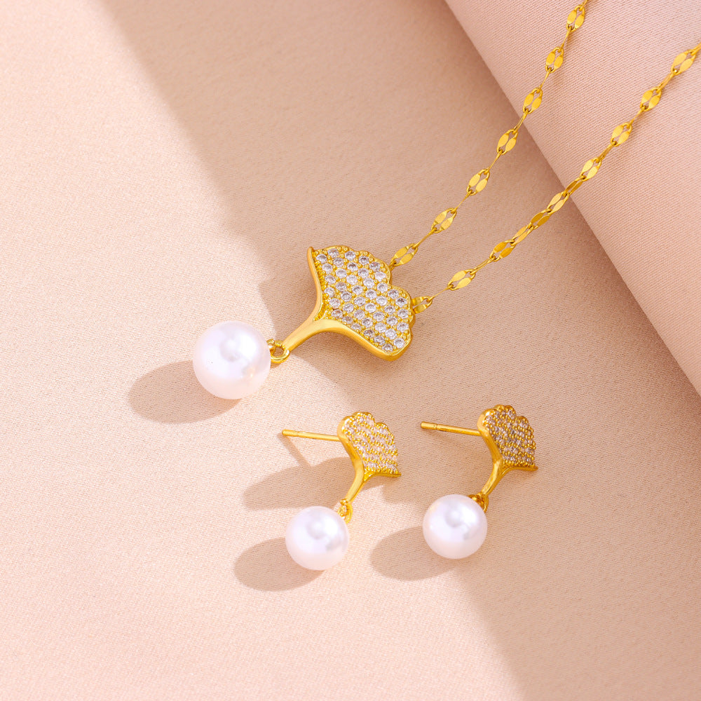 Wholesale  Titanium Steel Light Luxury  Micro-inlaid Ginkgo Leaf Pearl Necklace Earrings Set
