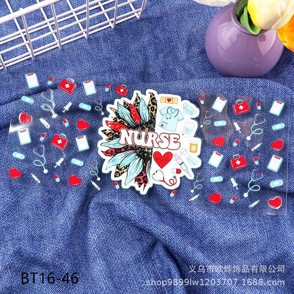 Wholesale Cartoon pencil medical UV transfer stickers crystal stickers tear film leave word crystal stickers 16oz glass stickers
