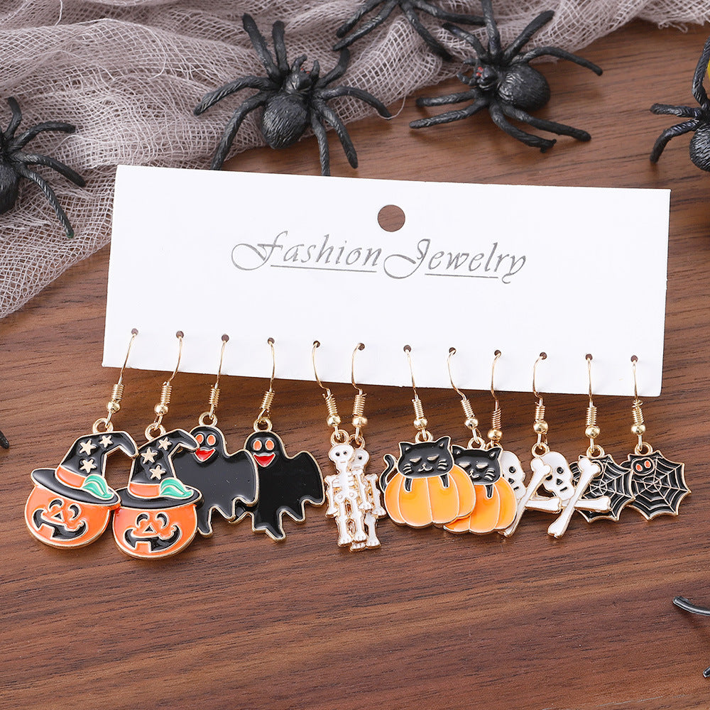 Wholesale Zinc Alloy Electroplated  Pumpkin Skull 6 Piece Pendant Earring Set Witch Ghost Theme Trendy Party Gift Jewelry Accessory