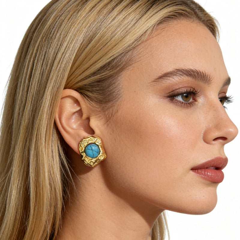 Wholesale Stainless steel gold irregular hollow embossed design earrings