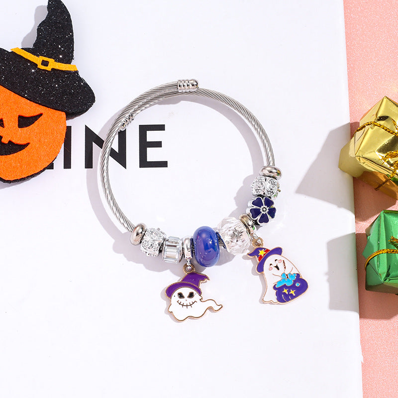 Wholesale Halloween Bat Ghost Witch Alloy Pendant Stainless Steel Bracelet ACC-BT-QingLian007