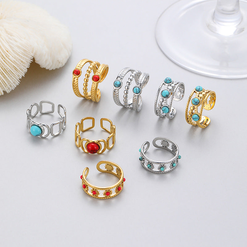 Wholesale Stainless Steel Vintage Turquoise Red Pine French Retro Ring Fashion Accessory