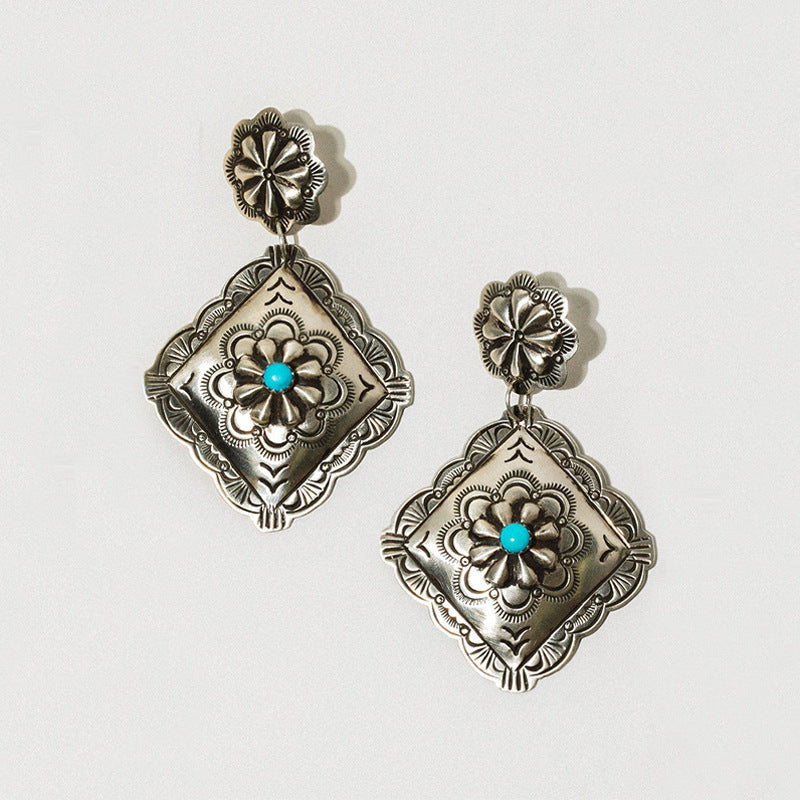 Wholesale Antique Silver Tone Turquoise Stud Earrings - Ethnic Western Style Fashion Accessory for Gifts &  Party Wear