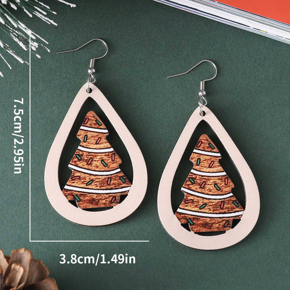 Wholesale Christmas ribbon dessert Christmas tree water drop pendant earrings wooden