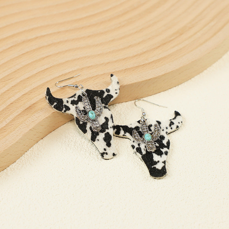 Wholesale Retro cow head leopard print cow pattern PU leather f alloy earrings