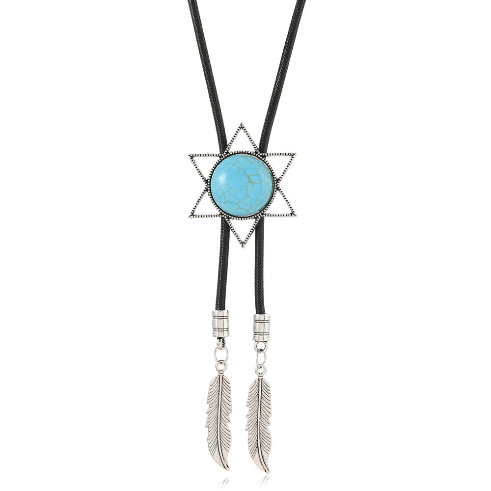 Wholesale Vintage Style Floral Five Pointed Star Cross Disc Bull' s Head Leather Necklace inlaid With  Turquoise
