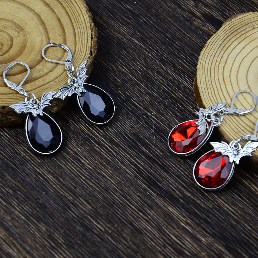 Wholesale Gothic Bat Earrings Red Black Gemstone Drop Pendant  Party Jewelry Accessory Gift