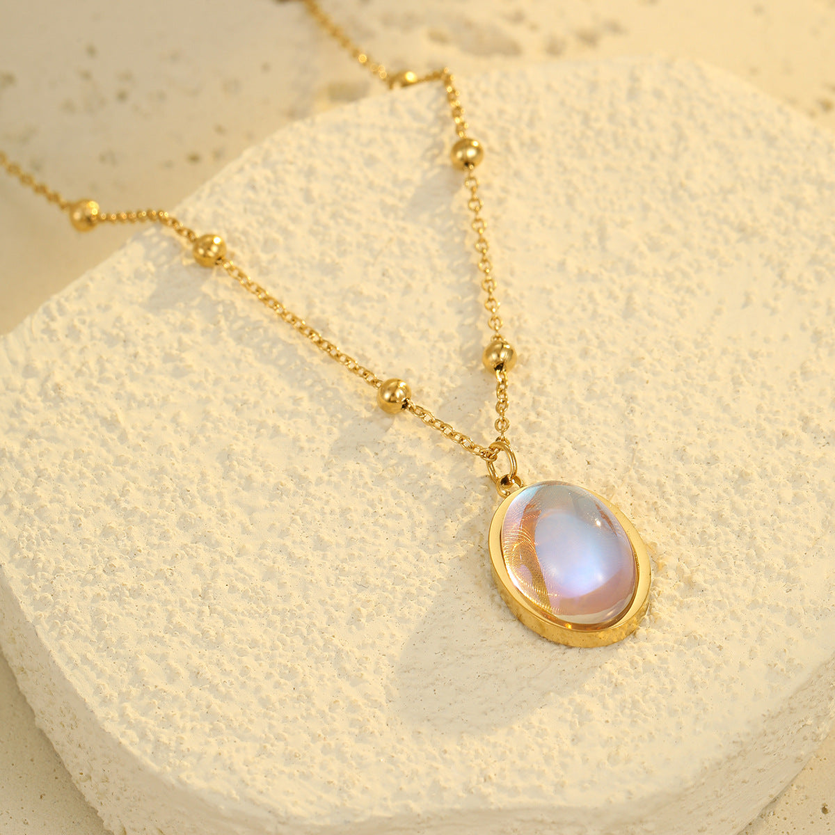 Wholesale stainless steel oval colorful moonstone plated 18K gold female necklace
