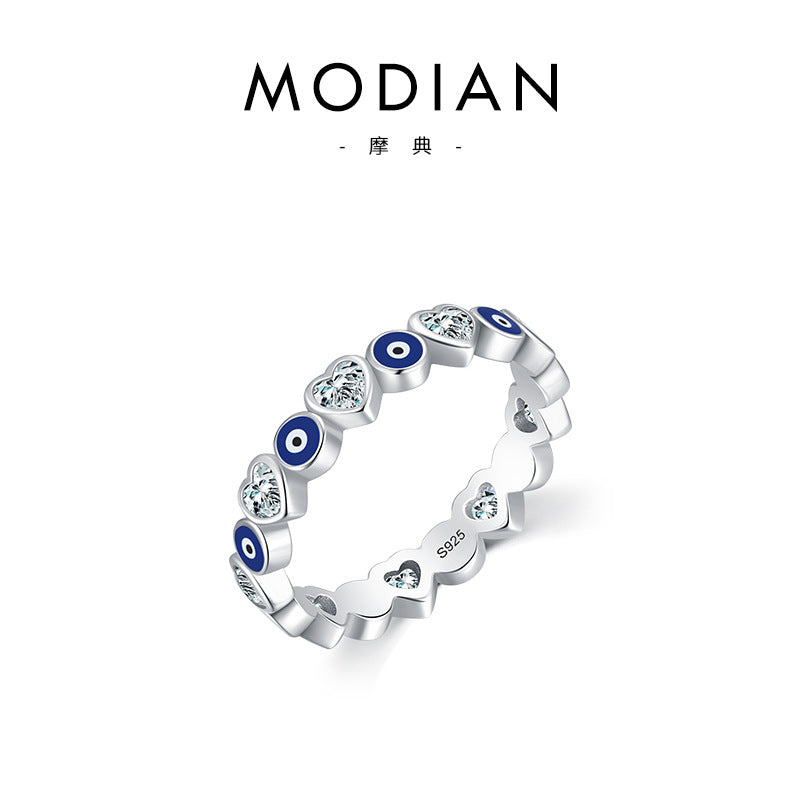 Wholesale S925 Sterling Silver Blue Eyes Ring Heart Shaped Zircon Stacking Index Finger Ring ACC-RS-MoDian008