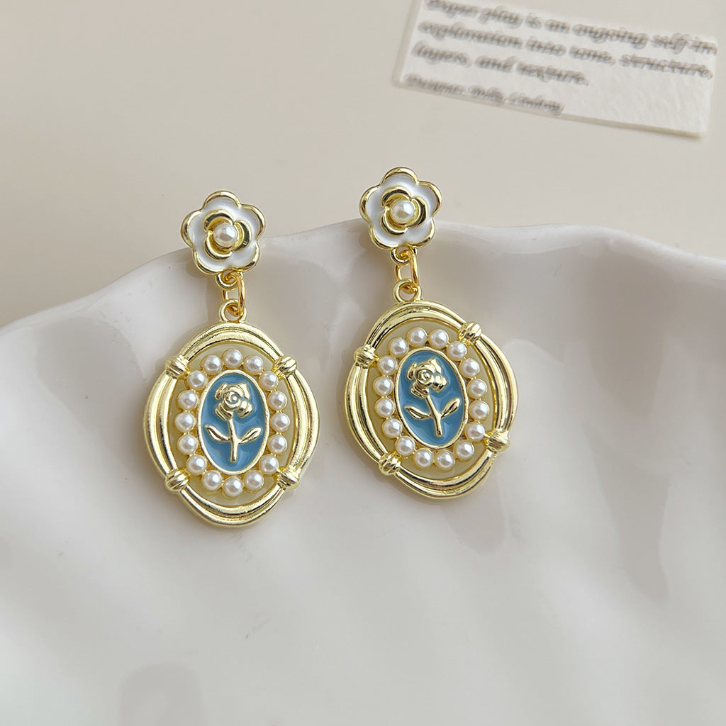 Wholesale Copper Blue Enamel Drip-Glazed Flower Earrings,  Fresh Floral Pearl Studs,  Fashion Accessory