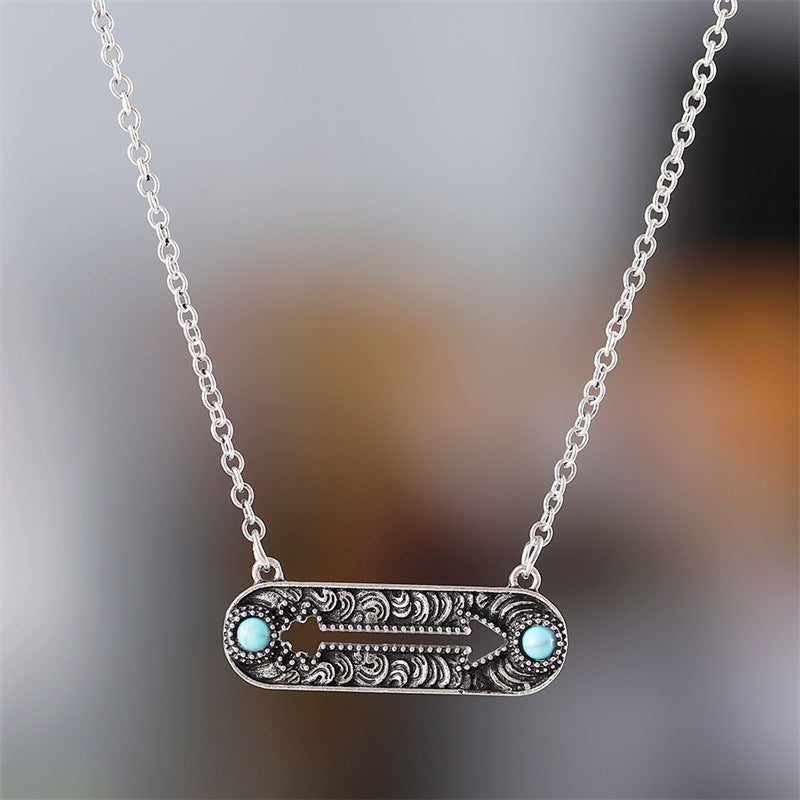 Wholesale Vintage Inlaid Turquoise Geometric Hollow Arrow Pin Clavicle Necklace Trendy Jewelry Accessory