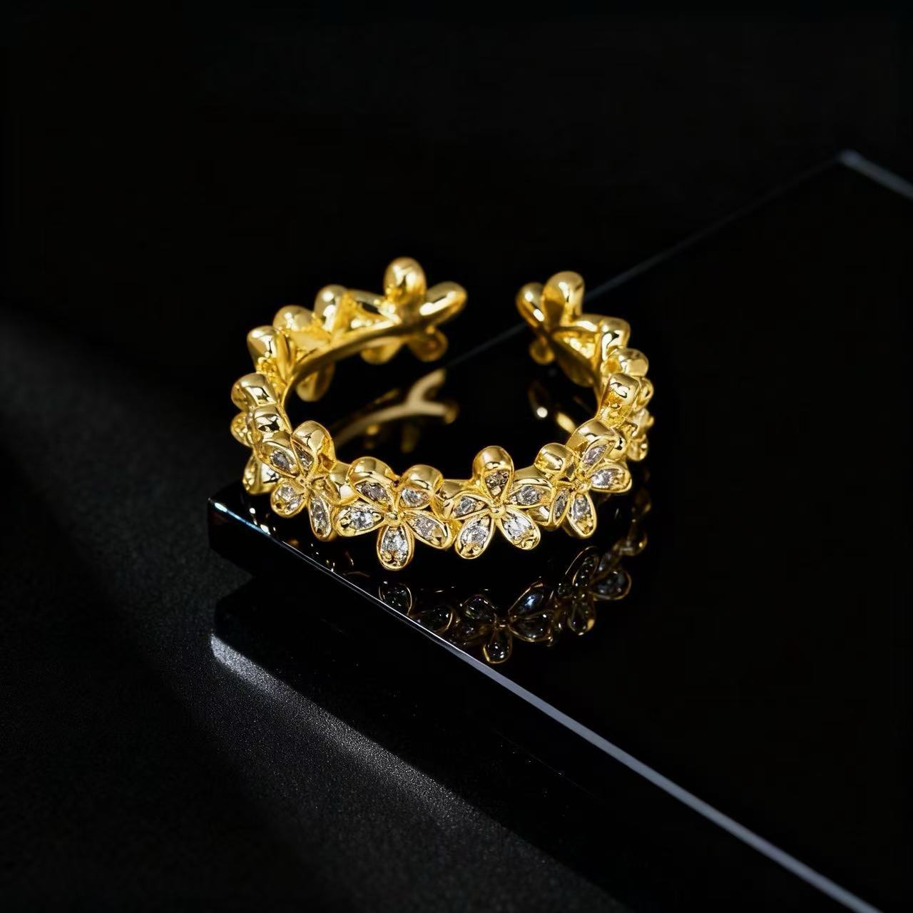 Wholesale Stylish Copper Zircon Flower Ring Open Adjustable Electroplated Women S Fashion Jewelry Accessory