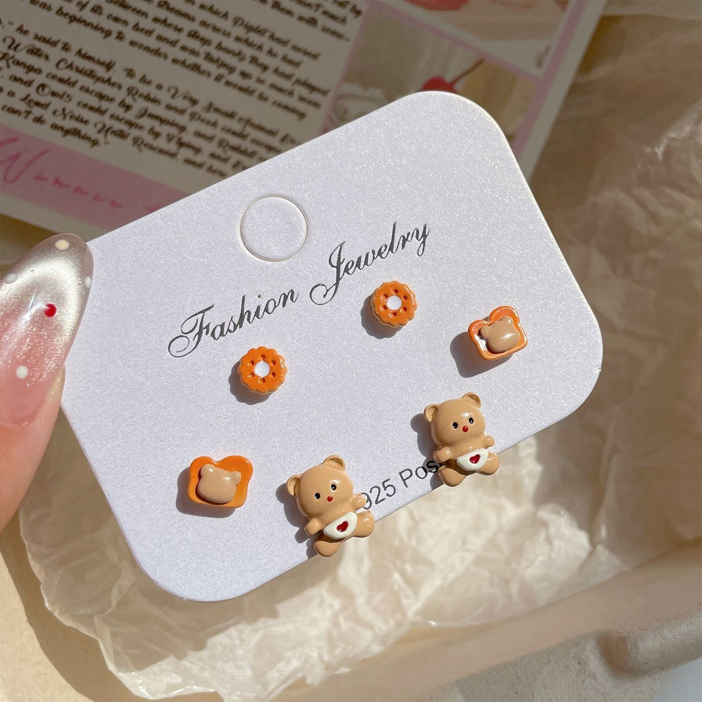 Wholesale Mini Silver Needle Earring Set Cartoon Cute Caramel Bread Small Earrings