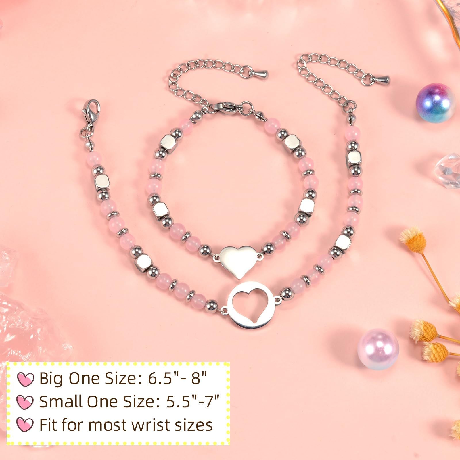 Wholesale 4mm Rose Quartz Stainless Steel Heart Bracelet Set