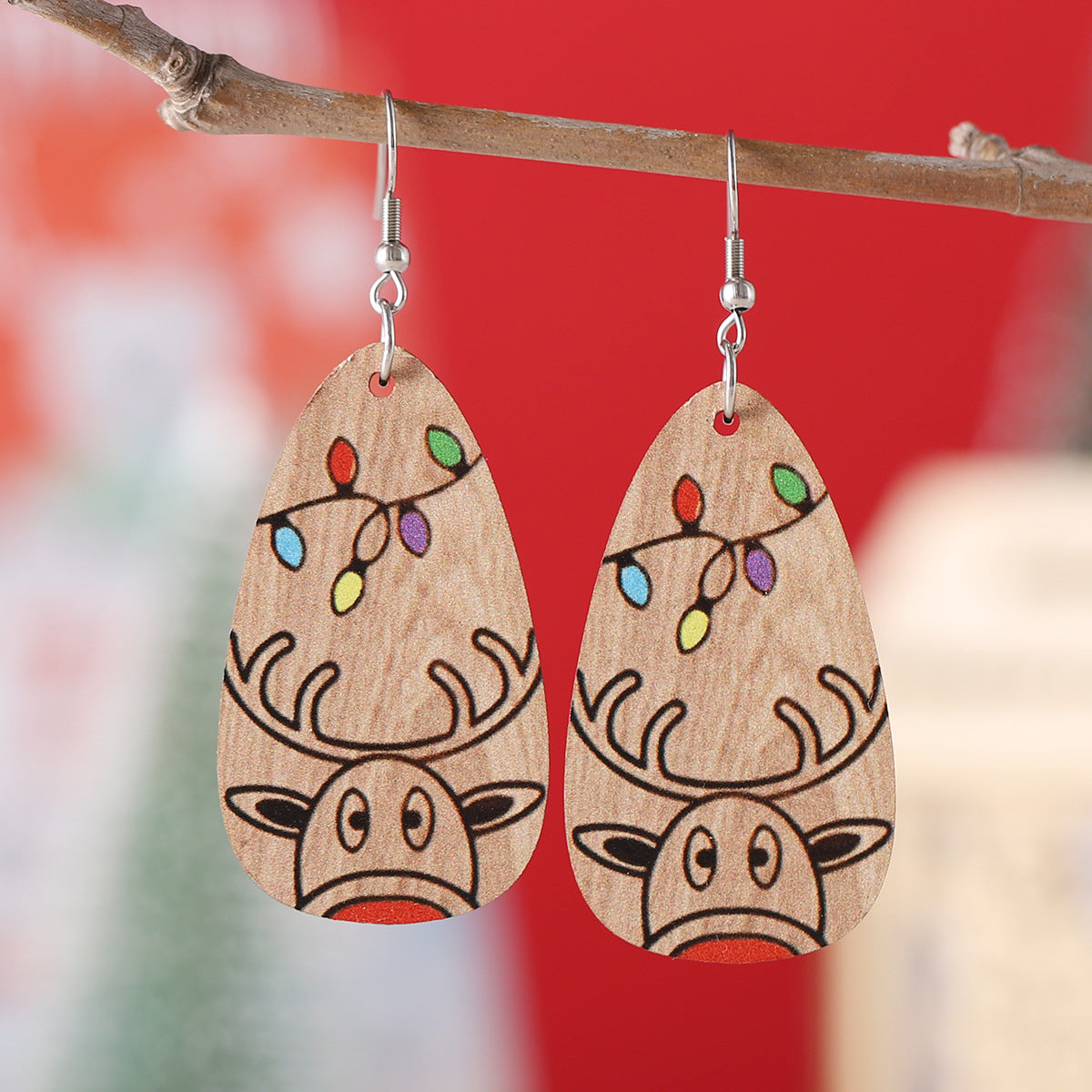 Wholesale Christmas Winter Elk Geometric Pendant Wooden  Earrings