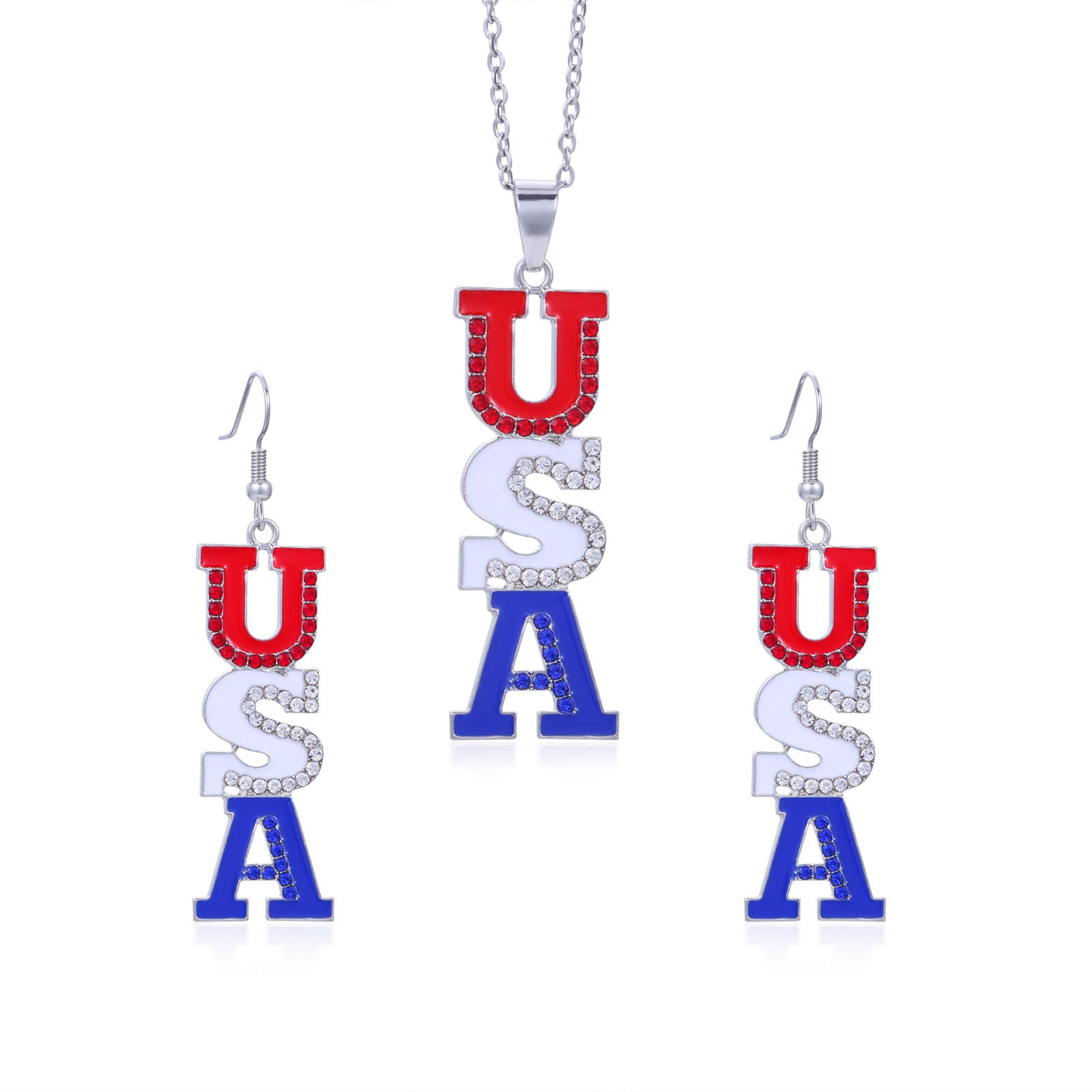 Wholesale  American Independence Day Necklace Alloy Diamond Set American Map Flag Striped Earrings Necklace Set