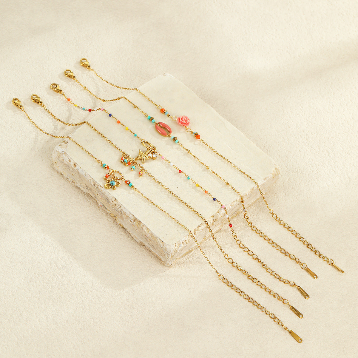 Wholesale Stainless Steel  Summer Marine Style Shell Starfish Flower Colored Beads  Bracelet