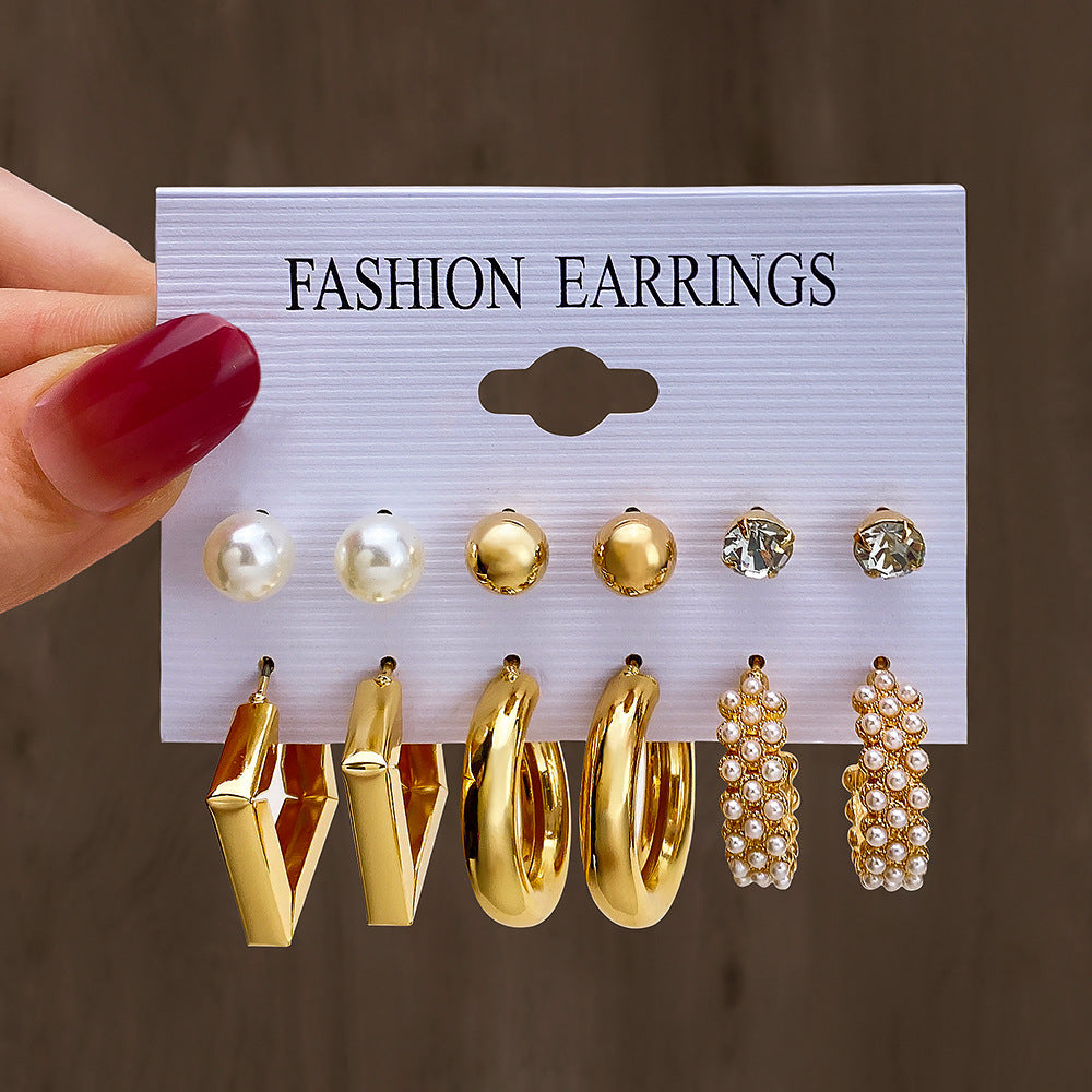 Wholesale  Geometric Multi-layer C- shaped Pearl Earrings Set