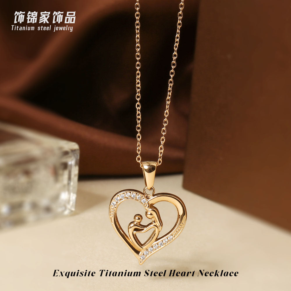 Wholesale Mother' s Day Titanium Steel Heart-Shaped Pendant Necklace with Zircon Inlay