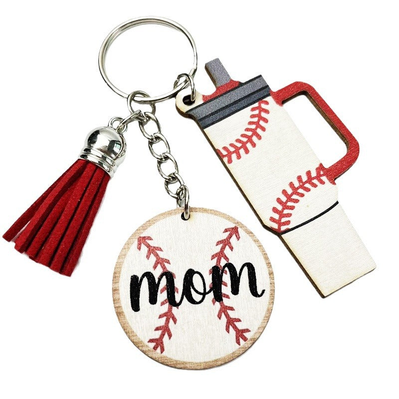 Wholesale 2pcs MOM Cup Football Basketball Tassel Sports Wooden Keychain Creative Keychain ACC-KC-HY026