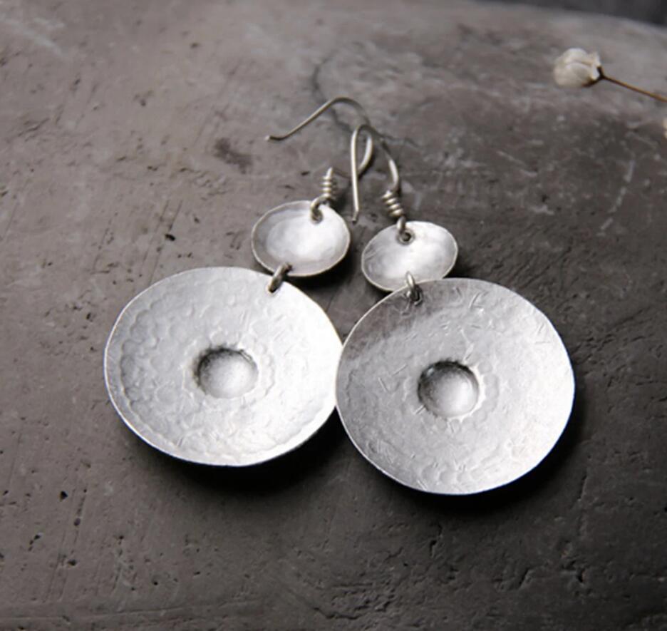 Wholesale Retro Ethnic Patterned Round Drop Earrings Ancient Silver For Everyday Fashion Accessory