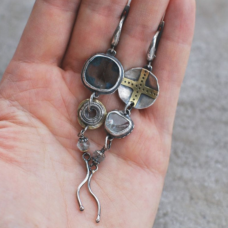 Wholesale  long earrings tribal sky blue stone cross round metal vintage earrings