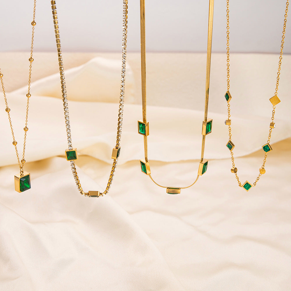 Wholesale Stainless Steel Necklace 18K Gold Plated Square Emerald Rhinestone Zircon Choker Necklaces ACC-NE-YuHui003